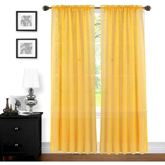 Sapphire Home Solid Sheer Mustard Yellow Rod Pocket Curtains, 54” x 84” (2 Panels)