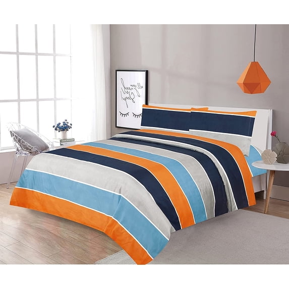 Sapphire Home Three 3 Piece Twin Size Print Sheet Set with Fitted, Flat and 1 Pillow Case, Blue Orange Gray Stripes Print Multicolor Boys Kids Girls Teens Bedding Sheets, Sheet, T, Navy/Orange
