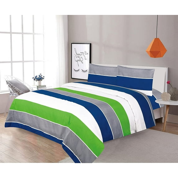Sapphire Home Three 3 Piece Twin Size Print Sheet Set with Fitted, Flat and 1 Pillow Case, Green Gray Blue Stripes Print Multicolor Boys Kids Girls Teens Bedding Sheets, Sheet, T, Green/Gray