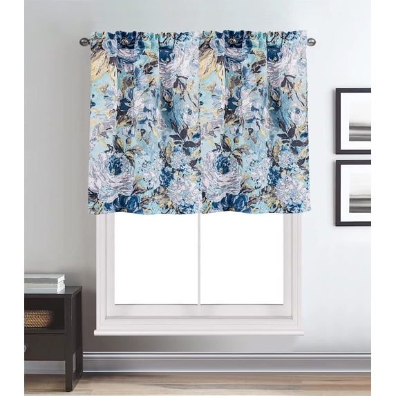 Sapphire Home Watercolor Floral Short Tier Panels 30" W x 36" L 60" Width Decorative Window Curtain Tiers, Room Darkening Woven Fabric Soft Panels for Living Room/Bedroom, Reina 36" Blue Aqua