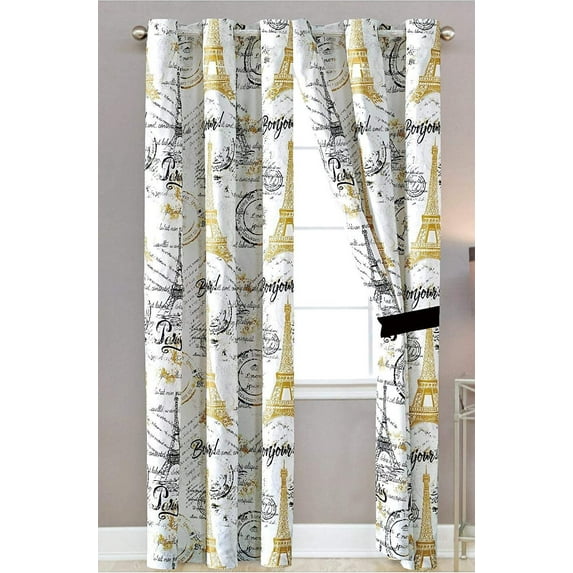 Sapphire Home Window Curtain Panel Set 2 Panels with Sheer Backing, Silver Grommet, Paris Eiffel Tower Theme, Black White Gold, Curtain Paris Black