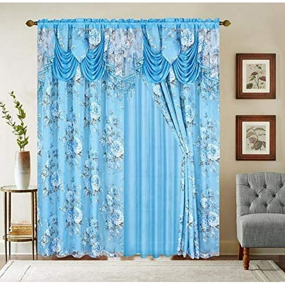 Sapphire Home Window Curtain Panel Set 84 Inch Length with Attached Valance + Solid Sheer Backing + 2 Tassels - Rod Pocket 84" Beautiful Floral Curtains for Living and Dining Rooms, Rhea Light Blue