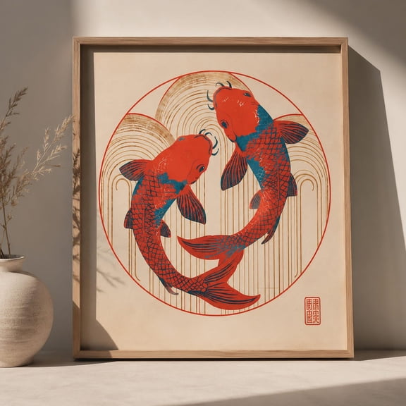 Sapphire Koi Fish Japanese Retro Print, Unframed Paper Poster 16x20in