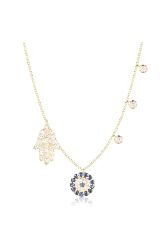Natural Blue Sapphire Hamsa & Evil Eye Charm Necklace for Women, Gold Pendant, September Birthstone Gift