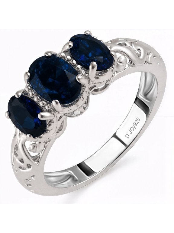 3-Stone Sapphire Ring for Women Size 8 Silver Platinum Plated