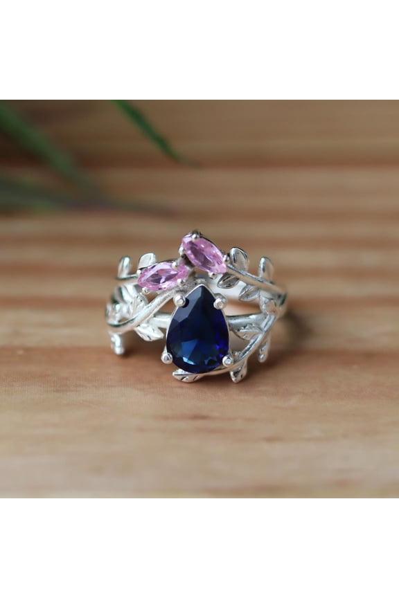 Sapphire & Rose Quartz Ring, 925 Silver Ring, Prong Setting Ring, Leaf Design Ring, Botanical Ring, Teardrop Ring, Dainty Ring, Gift For Her