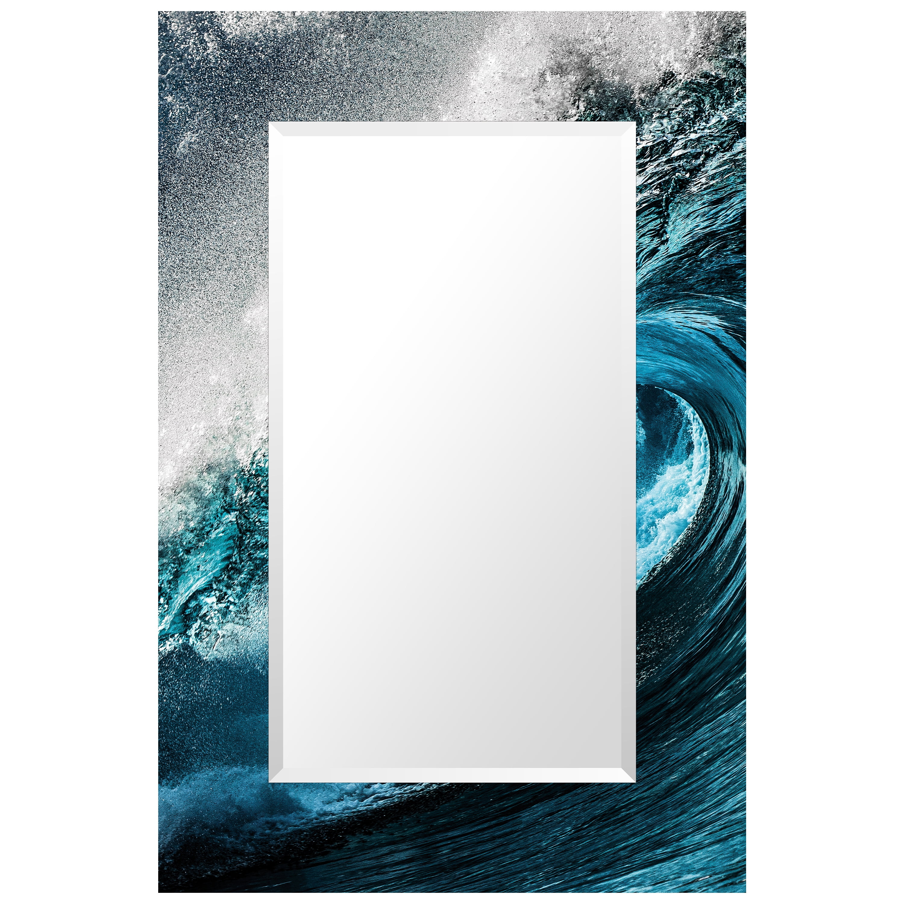 "Sapphire Sea" 48"x 32" Reverse Printed Tempered Art Glass with 36" x 20" Rectangular Beveled Mirror