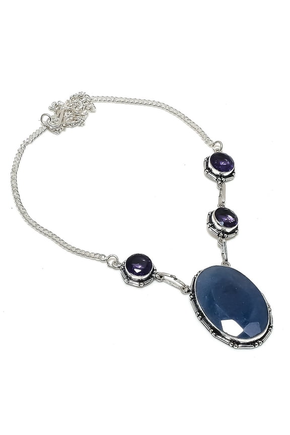 Sapphire(Simulated), Amethyst 925 Sterling Silver Necklace 18"