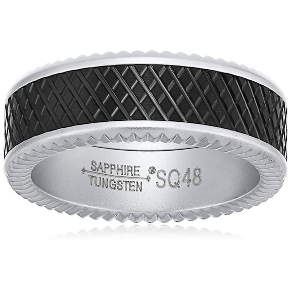 Sapphire Tungsten 8mm Black Crosshatch Finish Matte Titanium Interior Comfort Fit Wedding Bands Rings for Men, Size 9.5