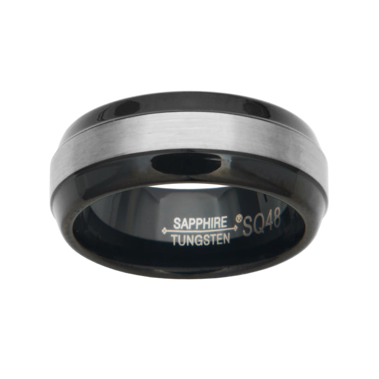 8mm Black Tungsten Carbide Men's Ring - Two Tone Brushed Finish, Comfort Fit Wedding Band (Size 11.5)