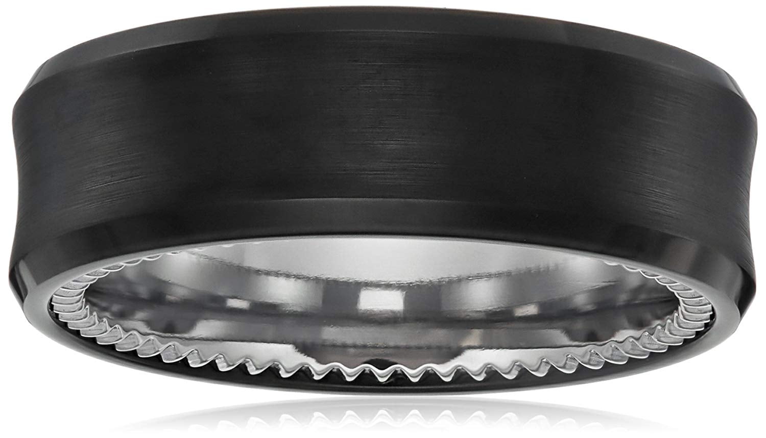 Sapphire Tungsten 8mm Black Finish with Beveled Edge, Titanium Interior, Groove Pattern Comfort Fit Wedding Bands Rings for Men, Size 10
