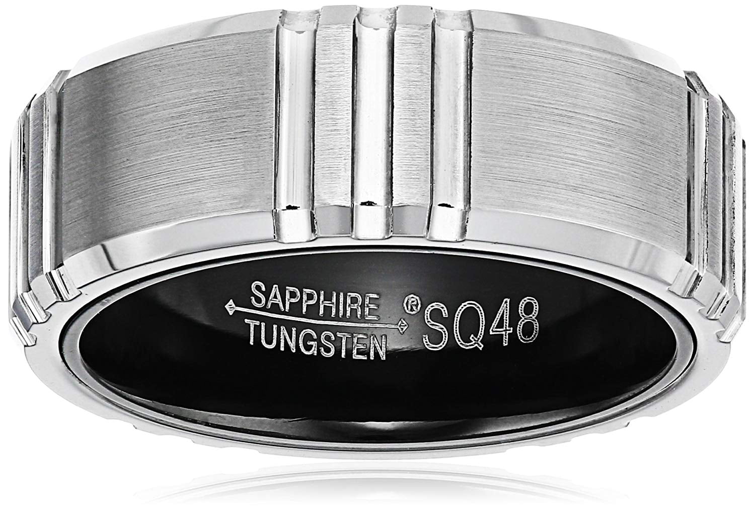 Sapphire Tungsten and Titanium 8mm Black Interior Etched Design Beveled Edge Comfort Fit Wedding Bands Rings for Men, Size 10.5