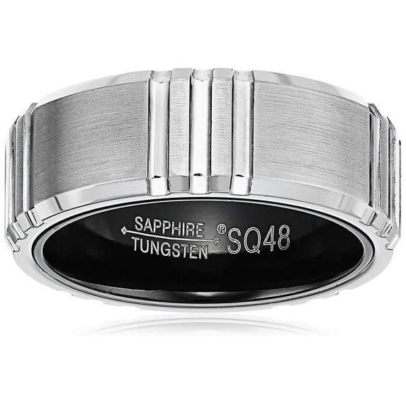 Sapphire Tungsten and Titanium 8mm Black Interior Etched Design Beveled Edge Comfort Fit Wedding Bands Rings for Men, Size 11