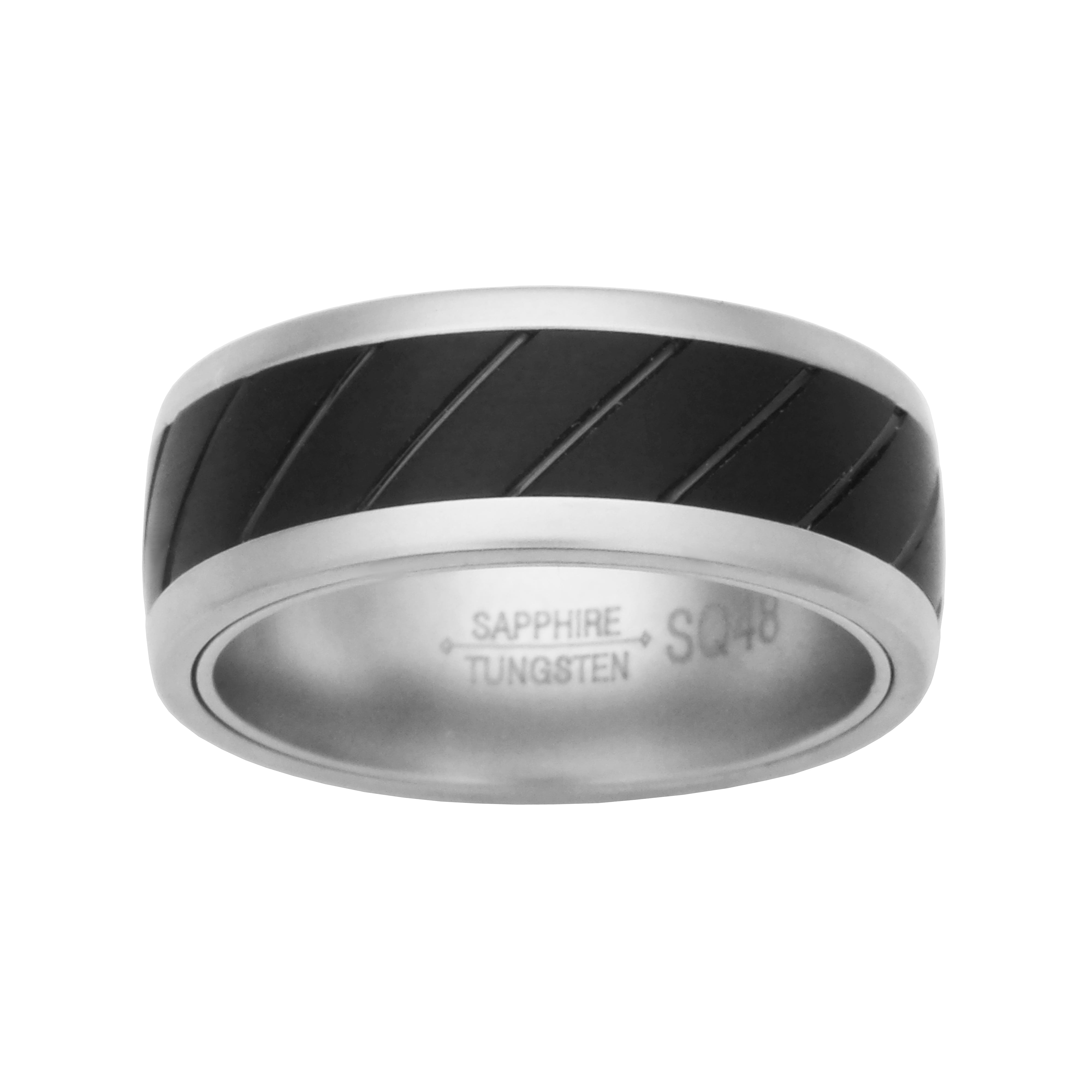 Sapphire Tungsten and Titanium 8mm Matte Finish with Etched Black Inlay Comfort Fit Wedding Bands Rings for Men, Size 9