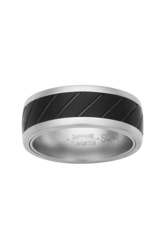 Sapphire Tungsten and Titanium 8mm Matte Finish with Etched Black Inlay Comfort Fit Wedding Bands Rings for Men, Size 9