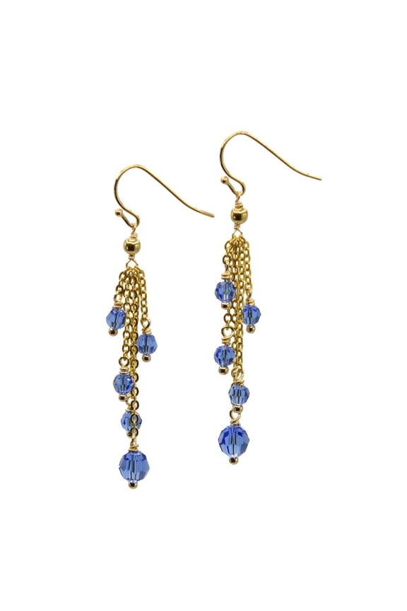 Sapphire-colored Austrian Crystal Cascading Waterfall Chain Earrings on Gold-tone Fishhooks