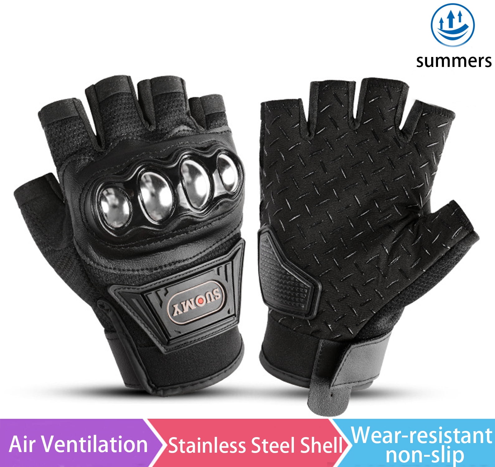SapphireShack Half Finger Motocycle Gloves for Summer, Nylon, Stainless Steel Shell Breathable Lightweight Motorcyle Gloves, Touchscreen Motorcycle Riding Gloves for Road Racing( Black,XL,1 Pairs)