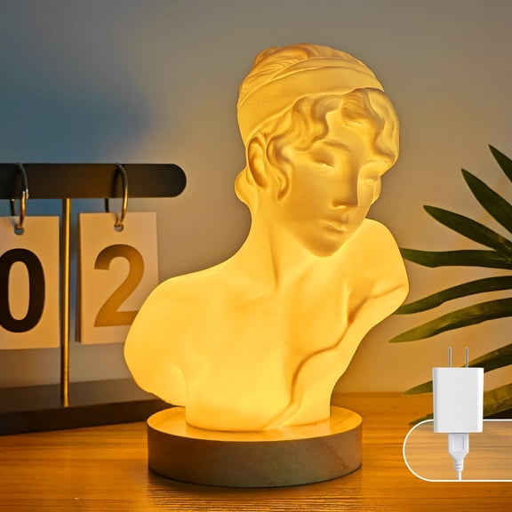 Sappho Bust Lamp, Bedside Lamp with Wood base Soft White Dimmable and Automatic Light Off Function for Bedroom, 2700K Side Table Accent USB Night Light for Desk, table, Nightstand, Bookcase, Shelf,