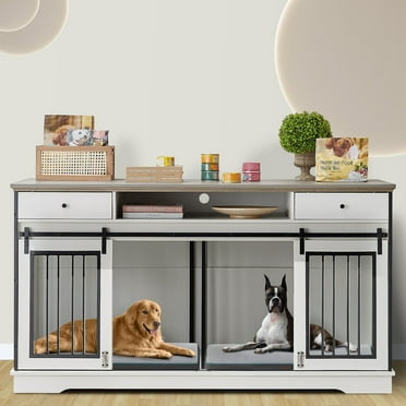 Sapphome Dog Crate Furniture Large Breed TV Stand with Drawer & 2 Sliding Doors, Grey White Gery
