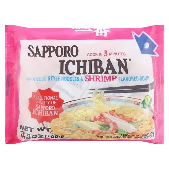 Sapporo Ichiban Japanese Style Ramen Noodles with Shrimp Flavored Soup, 3.5 oz, Contains Soy and Shrimp