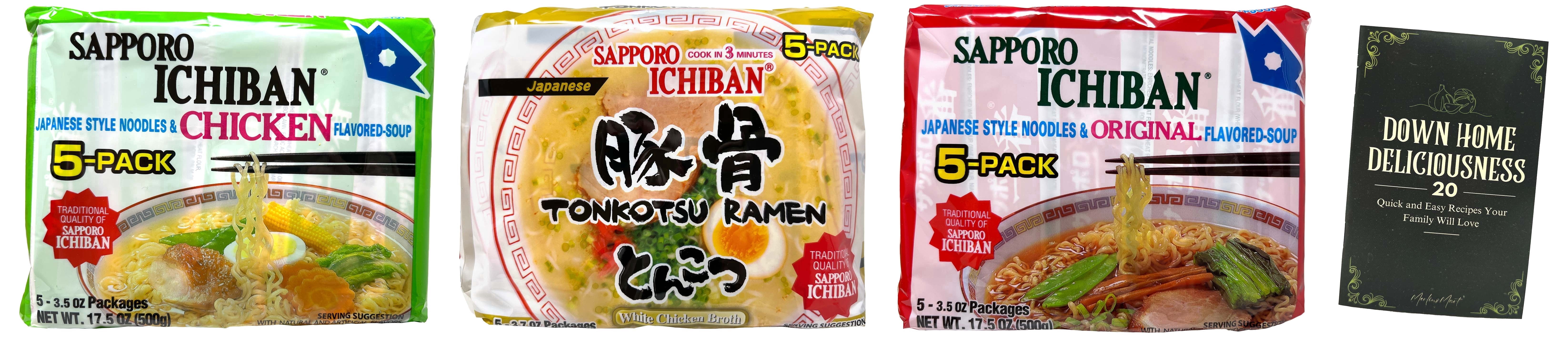 Instant Ramen Variety - 3 flavors - 5-pack of each: Chicken, Tonkotsu, Original (5-Pack) + MerlinsMart Zine | Sapporo Ichiban