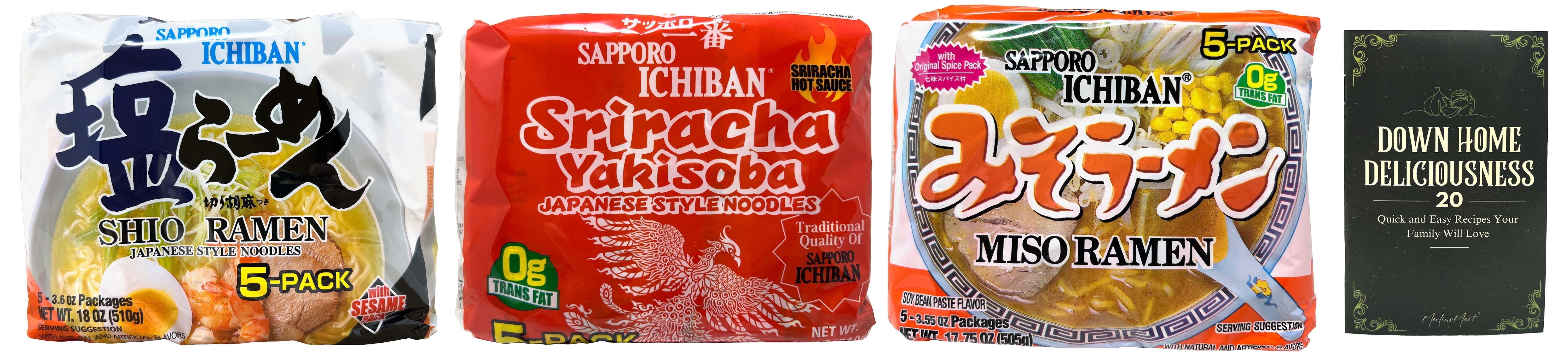 Sapporo Ichiban Instant Ramen Variety Pack, Sriracha Yakisoba, Shio & Miso Noodle Soup (5 Pack) + MerlinsMart Zine