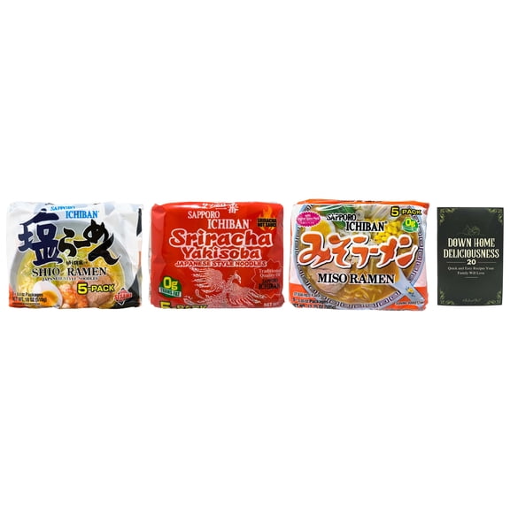 Ramen Instant Noodle Soup Variety: Sriracha Yakisoba, Shio, Miso (5-pack) + MerlinsMart Zine | Sapporo Ichiban