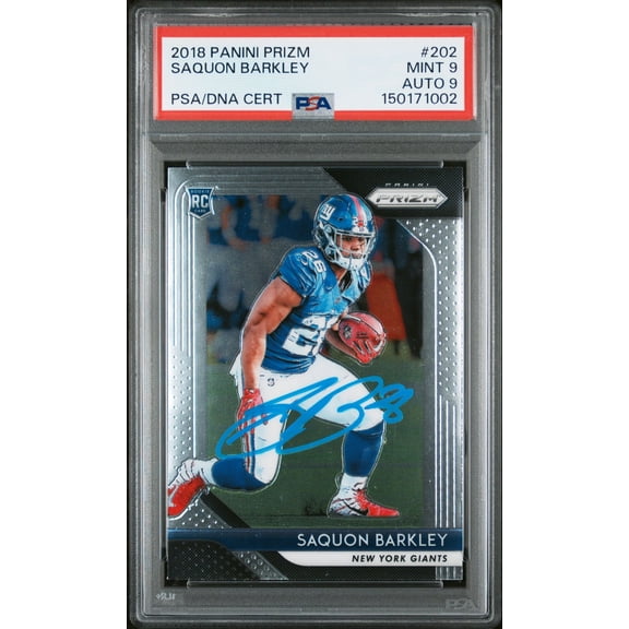 Saquon Barkley 2018 Panini Prizm New York Giants Signed Football RC Rookie Card #202 Graded PSA 9 Auto 9 Cert #150171002