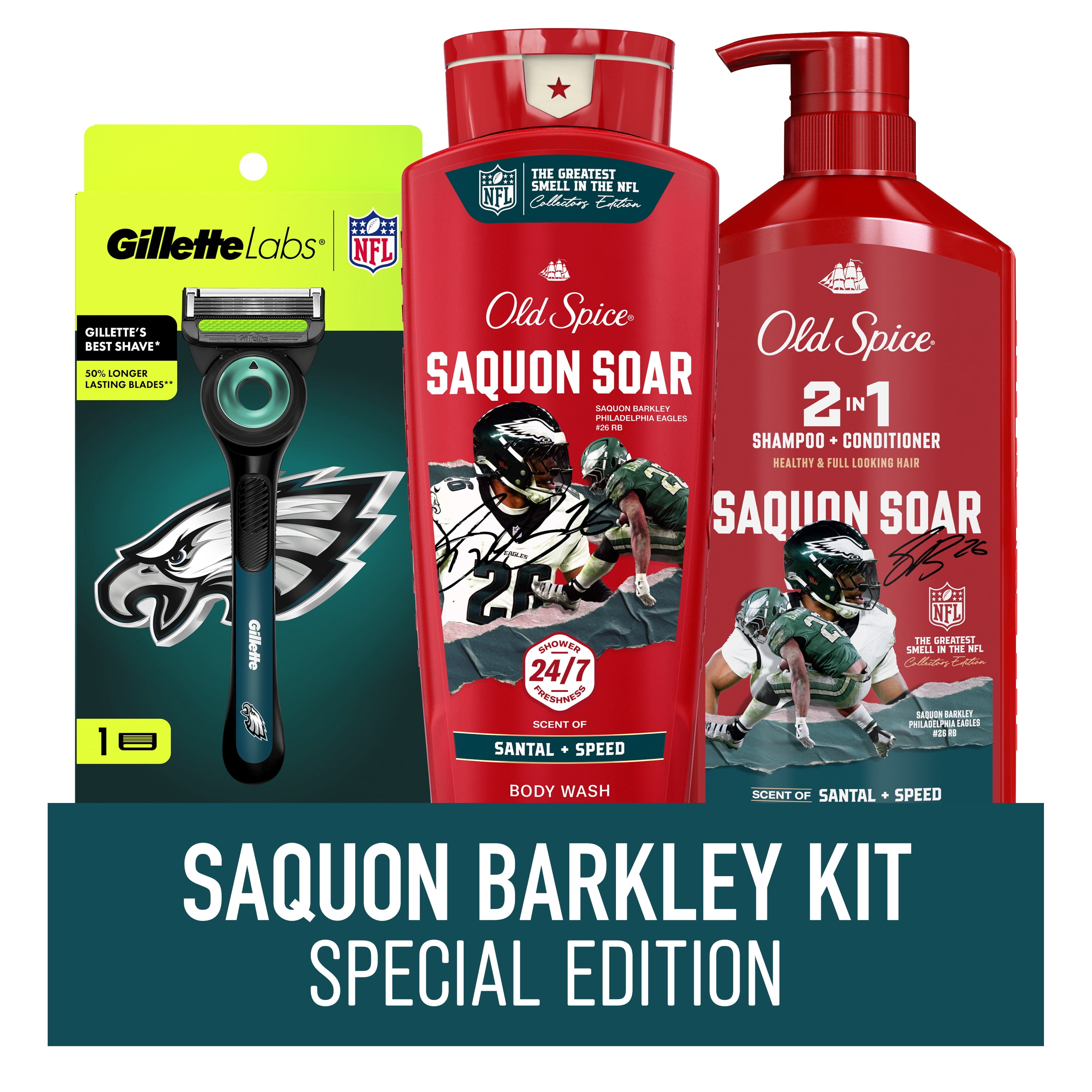 Exclusive Saquon Barkley Old Spice x Gillette NFL Value Bundle, includes Licensed Philadelphia Eagles Razor plus 'Saquon Soar' Body Wash & 2-in-1 Shampoo + Conditioner