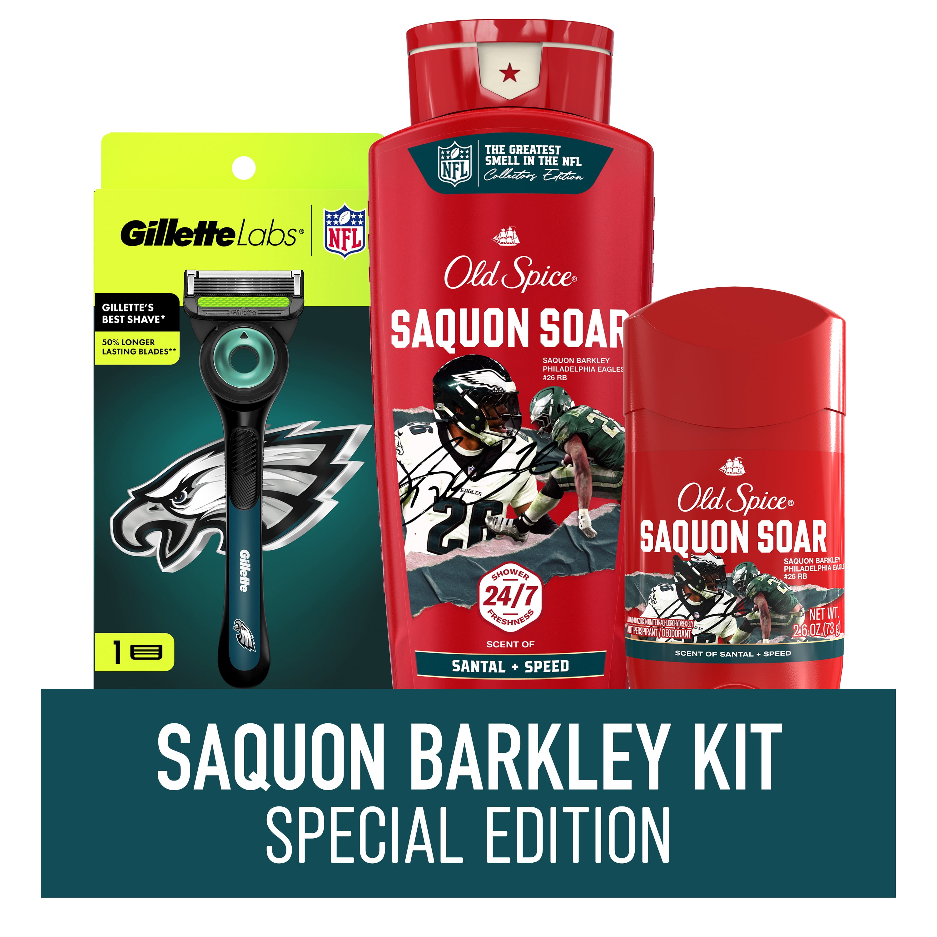 Exclusive Saquon Barkley Old Spice x Gillette NFL Value Bundle, includes Licensed Philadelphia Eagles Razor plus 'Saquon Soar' Body Wash & Antiperspirant