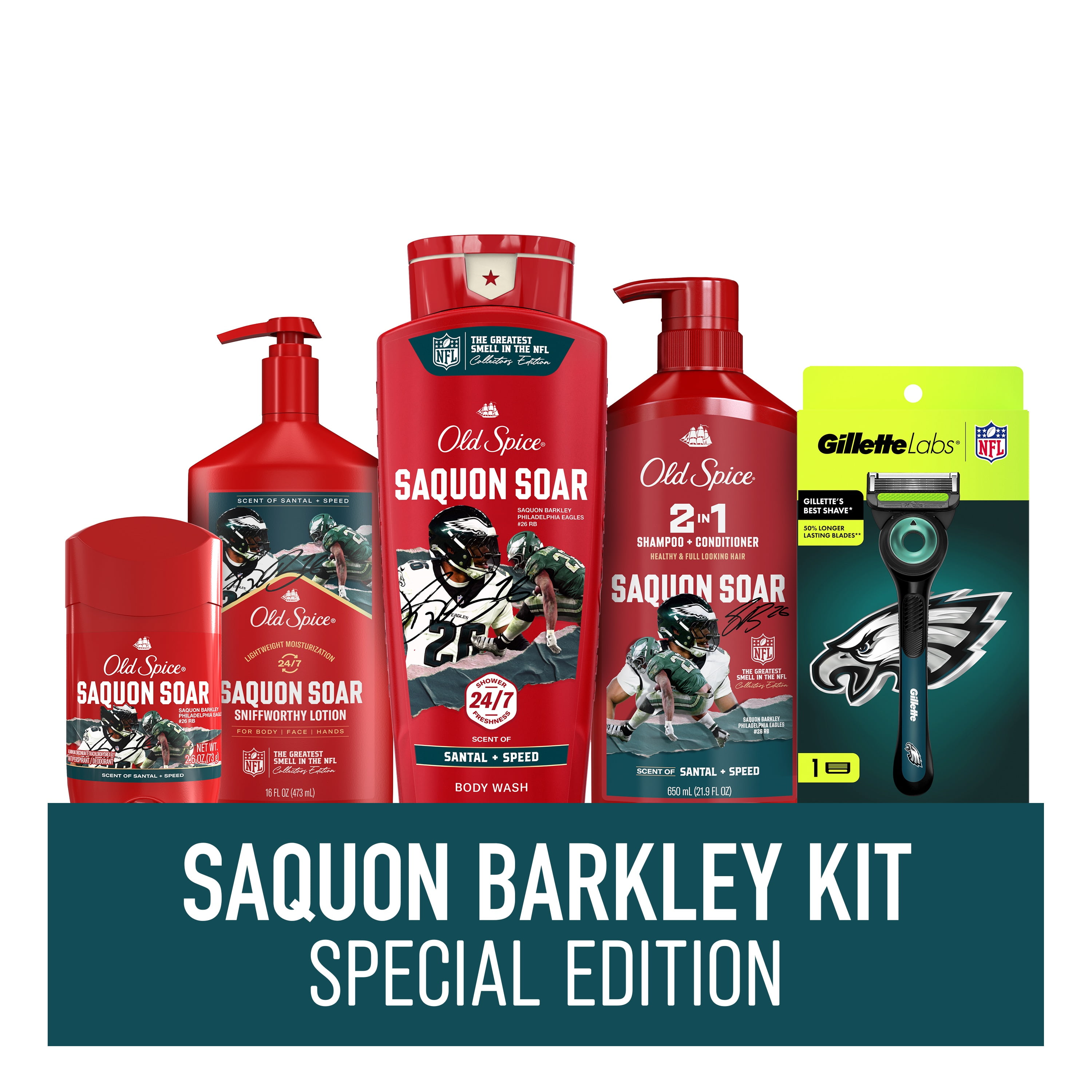 Exclusive Saquon Barkley Old Spice x Gillette NFL Value Bundle, includes Licensed Philadelphia Eagles Razor plus the entire 'Saquon Soar' collection from Old Spice
