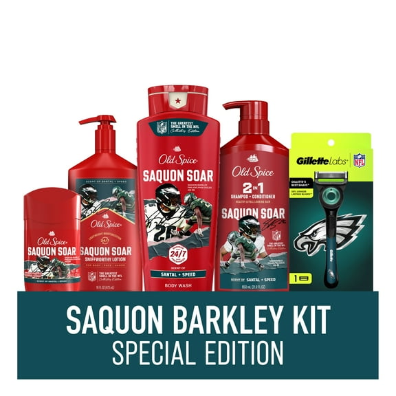 Exclusive Saquon Barkley Old Spice x Gillette NFL Value Bundle, includes Licensed Philadelphia Eagles Razor plus the entire 'Saquon Soar' collection from Old Spice