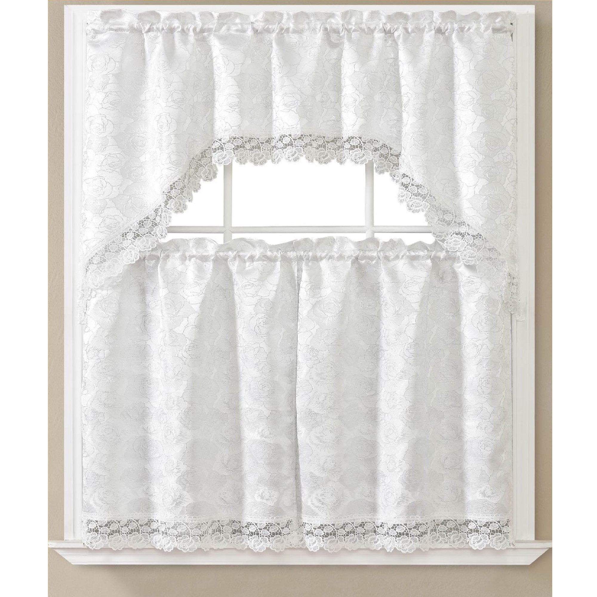 Sara 3 Piece Embroidered Kitchen Curtain Set, White-White, Swag 60x36 ...