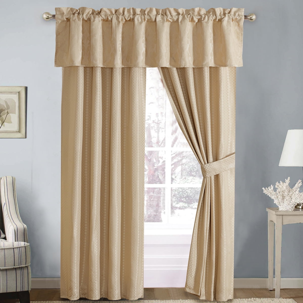 5 Piece Lined Jacquard Matching Curtain Set -Sara Beige