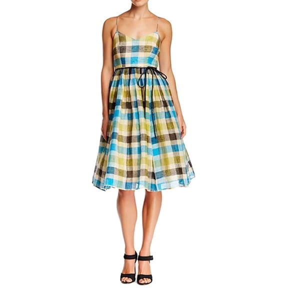 Sara Emanuel V-Neck Plaid Linen Dress