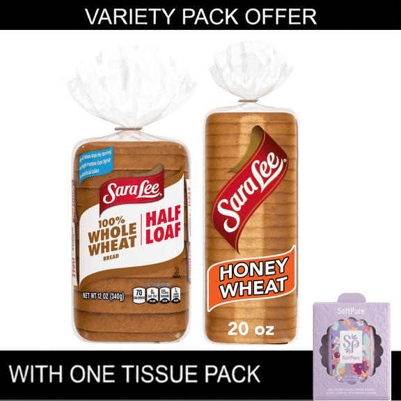 Sara Lee 100% Whole Wheat Bread, Half Loaf, 12 oz, Sandwich Bread, Bag | Sara Lee Honey Wheat Bread, 20 oz, Sandwich Bread, Bag