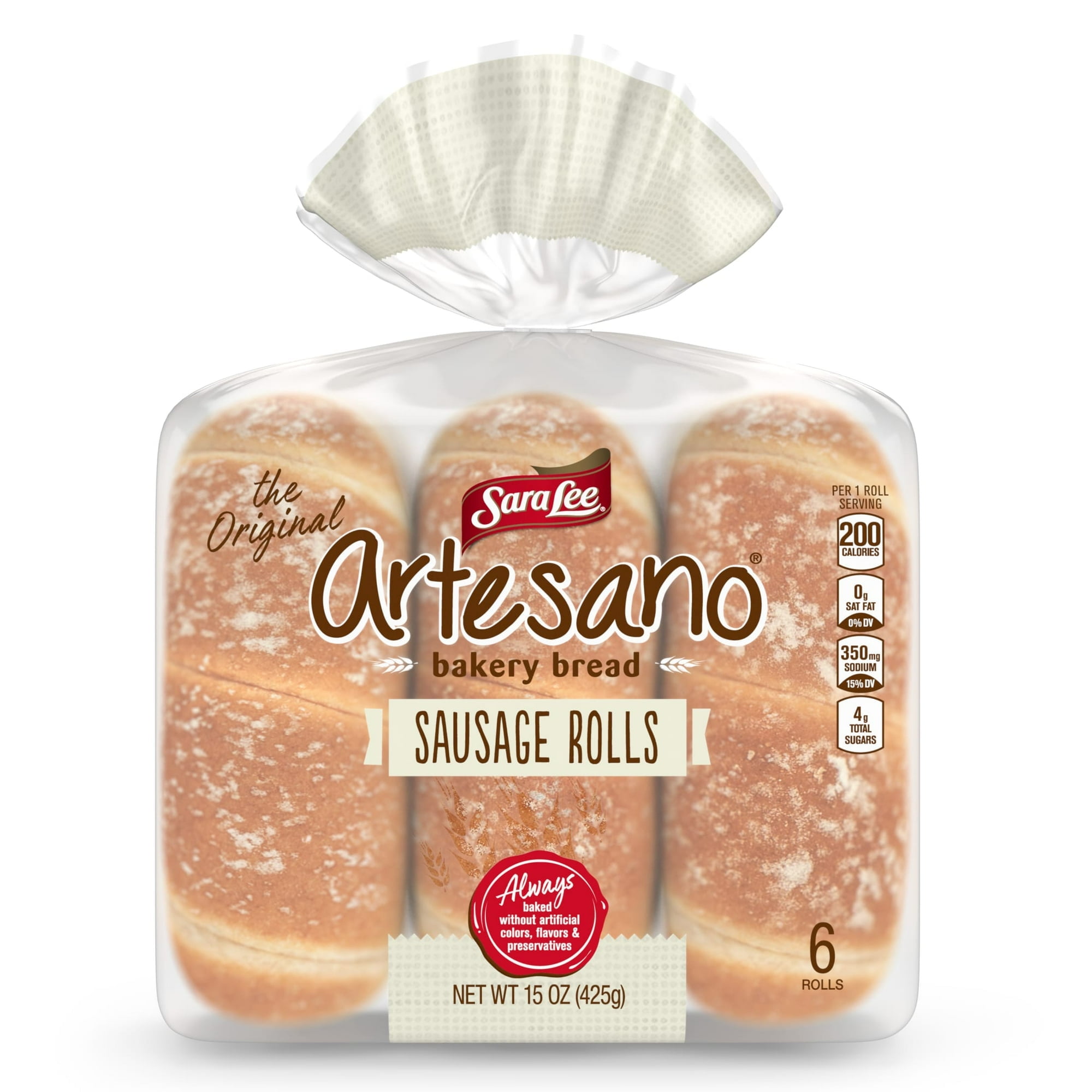 Sara Lee Artesano Bakery Bread Plain Sausage Rolls, 6 count, Soft Hot Dog Buns, 15 oz Bag (Pack of 2)