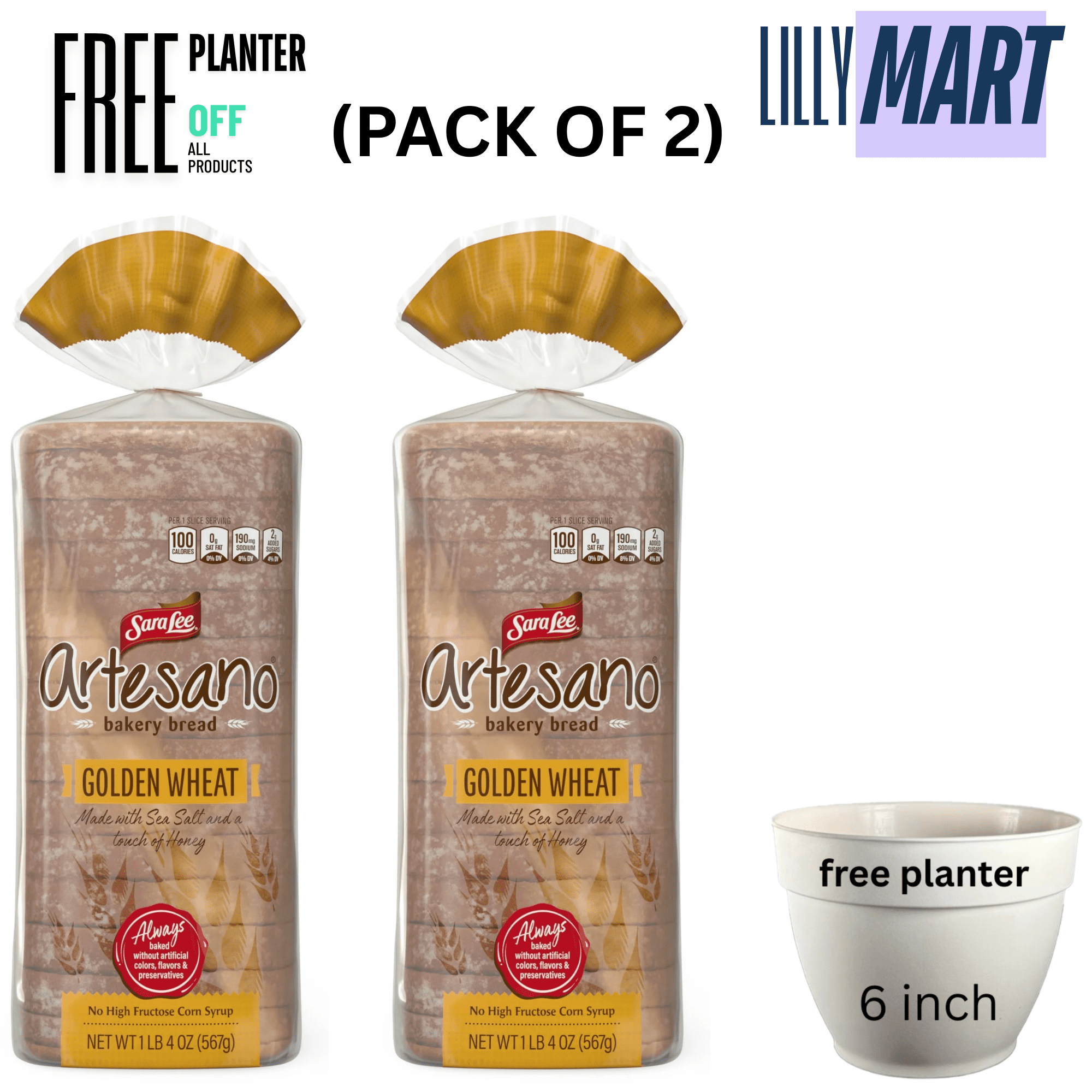Sara Lee Artesano Golden Wheat Bread, 20 oz, Whole Wheat Pre-sliced Wheat Bread, Bag (pack of 2)