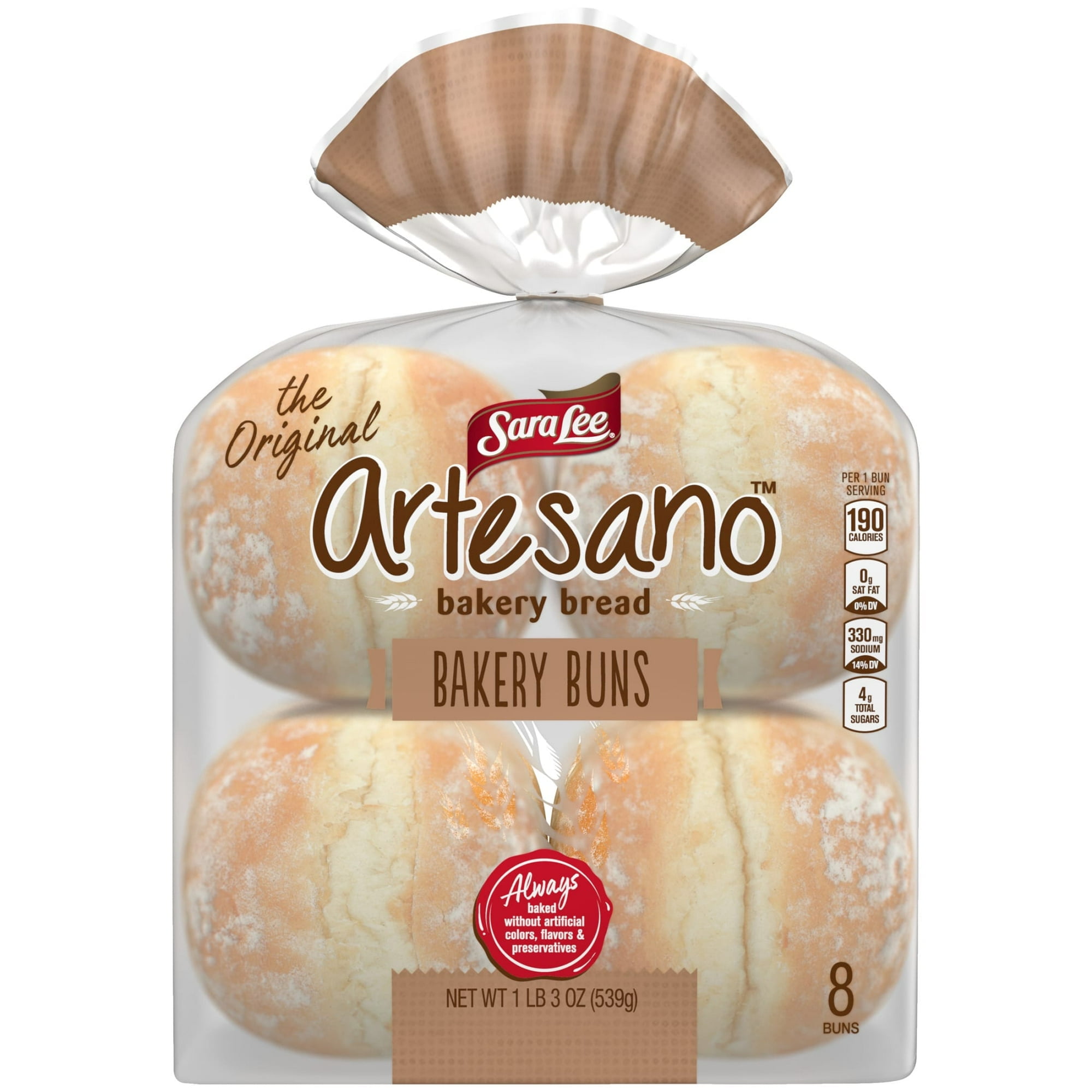Sara Lee Artesano White Bakery Buns, 8 count, Soft Hamburger Buns, 19 oz Bag (Pack of 2)