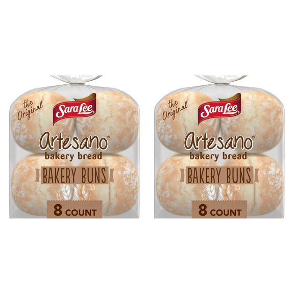 Sara Lee Artesano White Bakery Buns, 8 count, Soft Hamburger Buns, 19 oz Bag (Pack of 2)