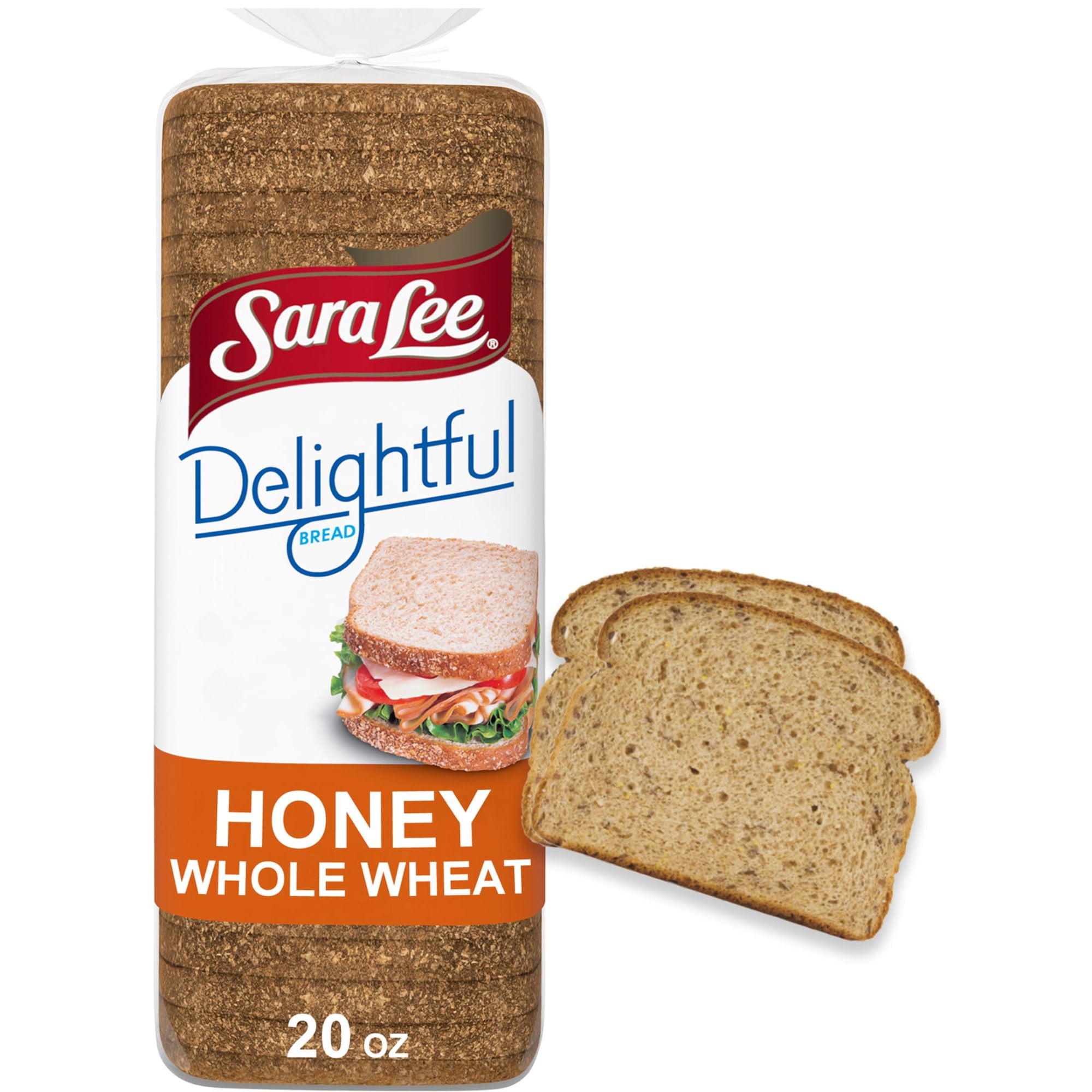 Sara Lee Delightful Honey Whole Wheat Bread, 20 oz, Soft Honey Wheat Bread, Bag (Pack of 2)