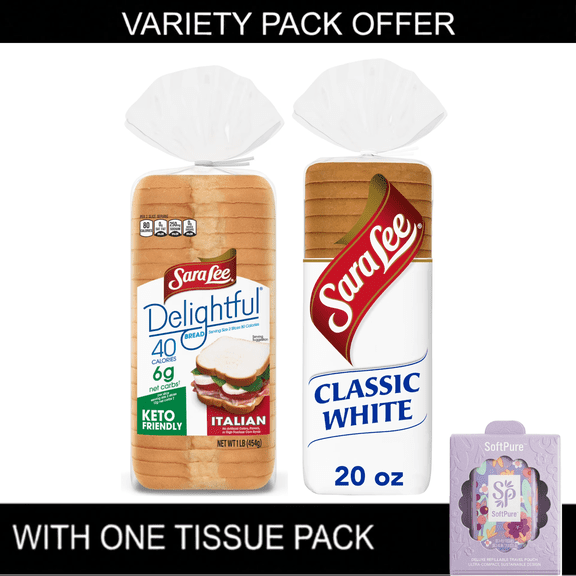 Sara Lee Delightful Italian Bread, 16 oz, White Italian Bread, Bag | Sara Lee Classic Bread, 20 oz, Plain White Bread, Bag