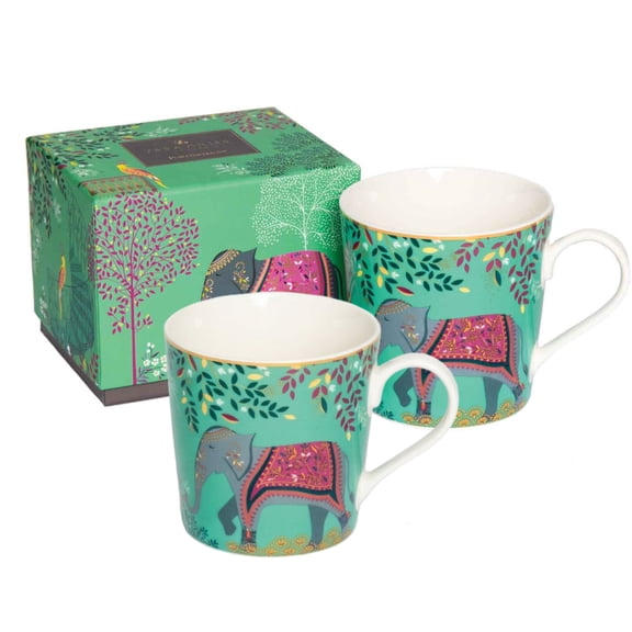 Sara Miller London India Elephant’s Oasis Mug Set of 2 – 12 Oz Fine Bone China Tea & Coffee Cups with 22ct Gold Accents, Jade Botanical Elephant Design, Decorative Gift Boxed Drinkware