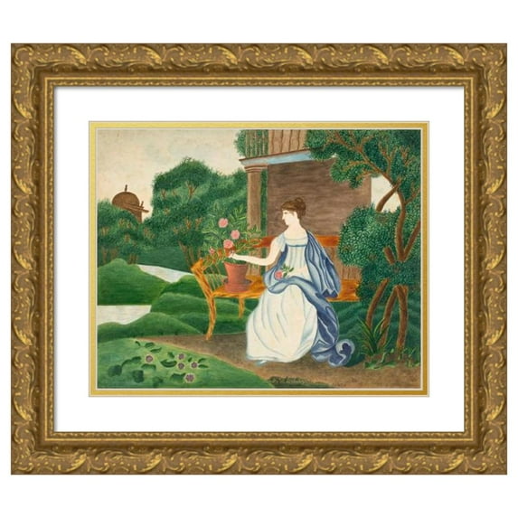 Sarah P. Wells 24x20 Gold Ornate Framed and Double Matted Museum Art Print Titled - Woman in a Garden (19th Century)