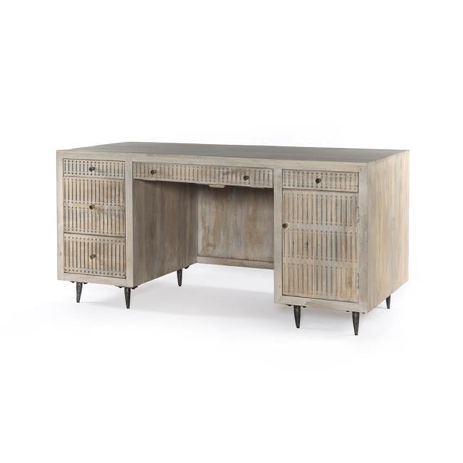 Sarah Solid Wood Hand-Carved Executive Desk in Brushed Ivory Finish