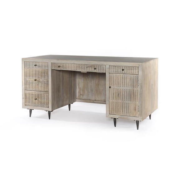 Sarah Solid Wood Hand-Carved Executive Desk in Brushed Ivory Finish