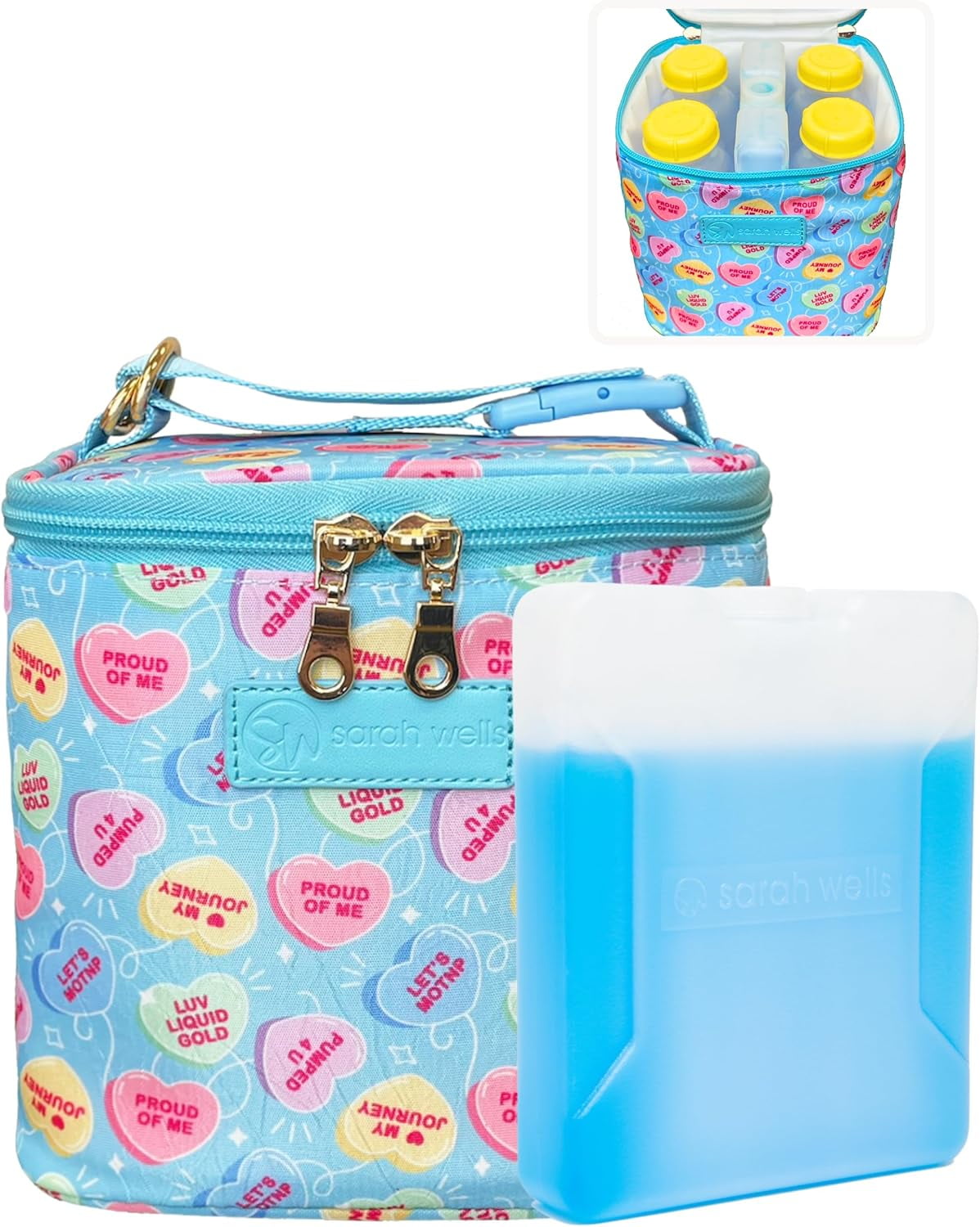 Sarah Wells Cold Gold Breast Milk Cooler Bag with Ice Pack, Insulated Storage for Bottles & Pump Parts, Washable(Candy Conversation Hearts)
