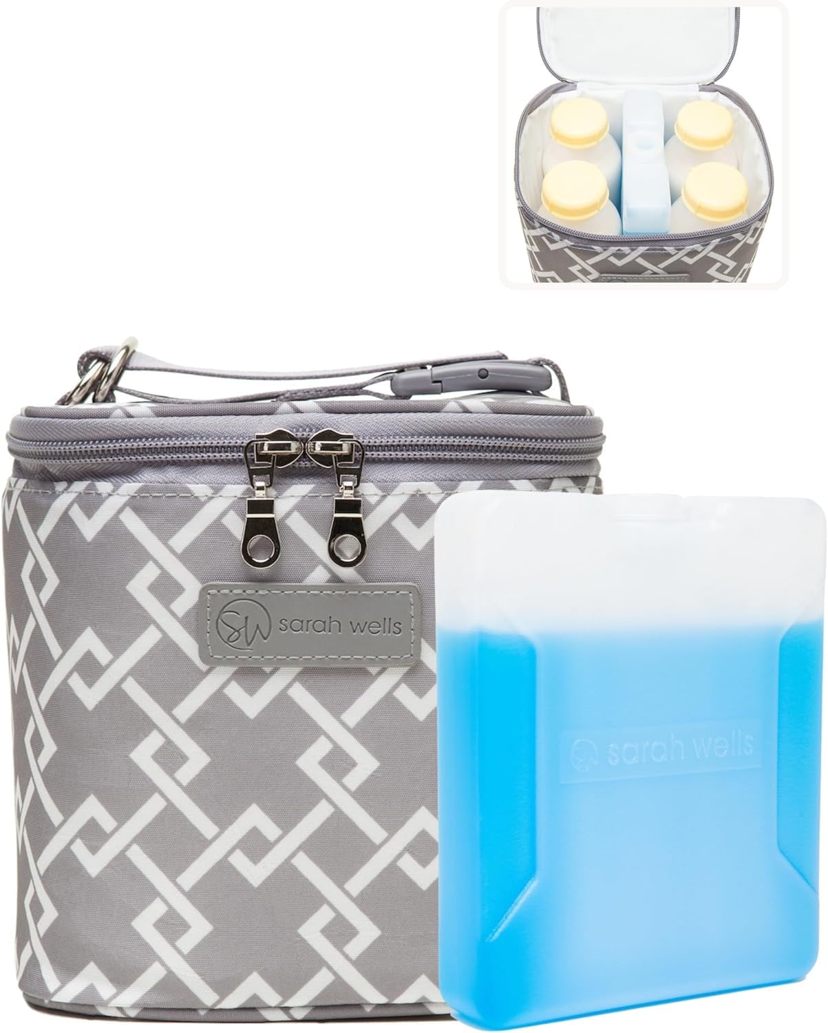 Sarah Wells Cold Gold Breast Milk Cooler Bag with Ice Pack, Insulated Storage for Bottles & Pump Parts, Washable (Gray)