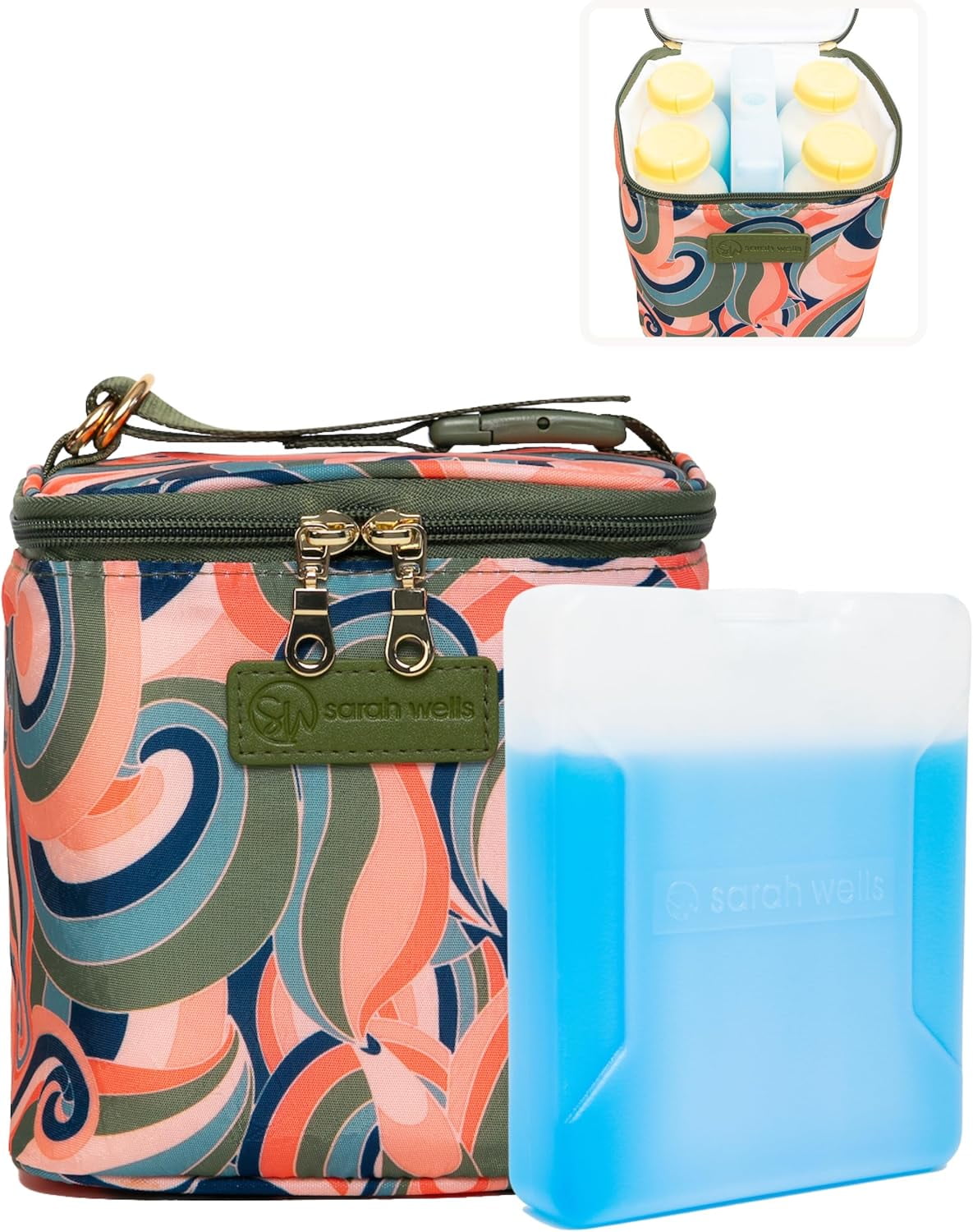 Sarah Wells Cold Gold Breast Milk Cooler Bag with Ice Pack, Insulated Storage for Bottles & Pump Parts, Washable (Groovy)