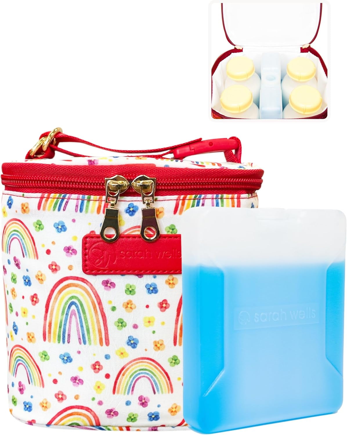 Sarah Wells Cold Gold Breast Milk Cooler Bag with Ice Pack, Insulated Storage for Bottles & Pump Parts, Washable (Rainbows)